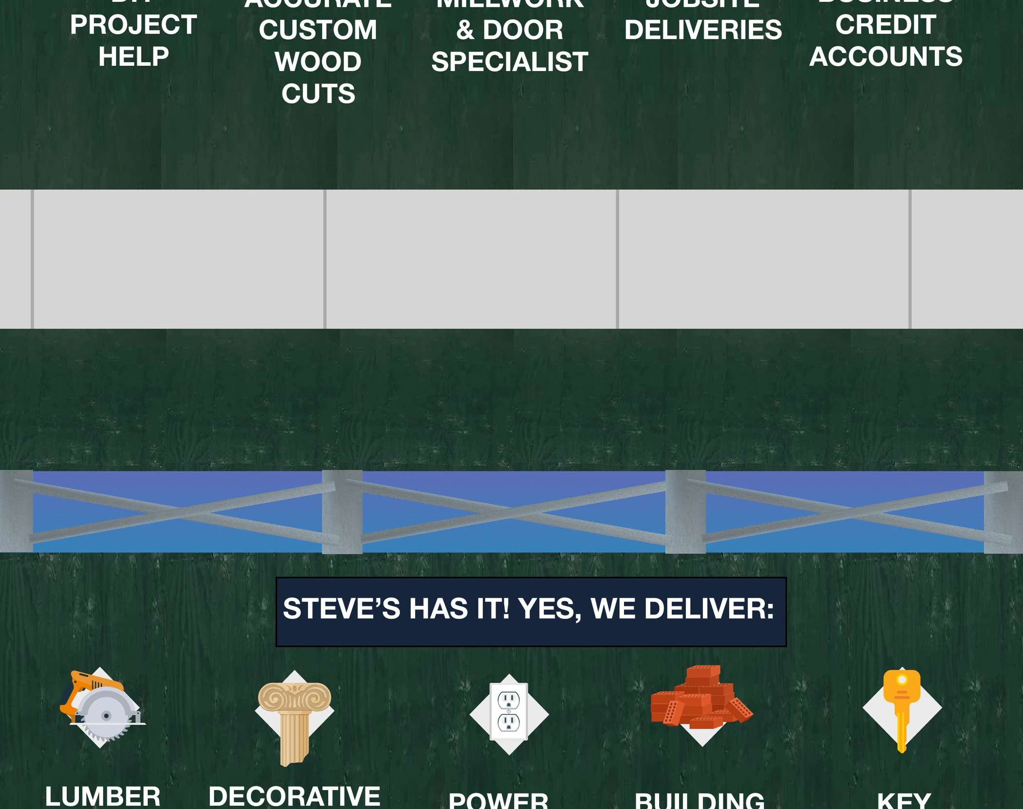 Steve's has it, yes we deliver: lumber and sheet goods, decorative wood moldings, power tools, building materials, key duplication, plumbing and electrical supplies, hand tools, janitorial and maintenance products, paint and wood finishes, door and window hardware.