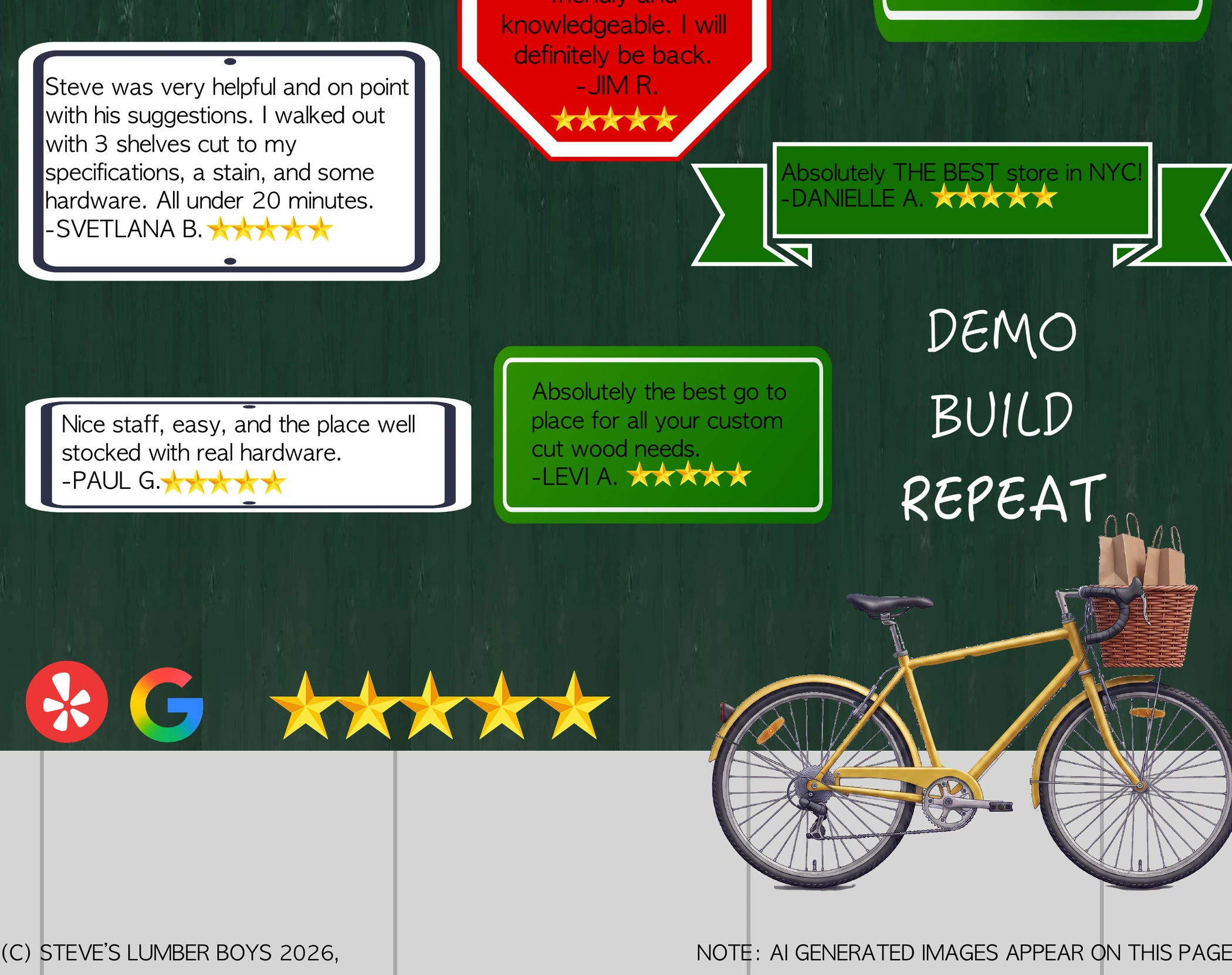 More customer reviews. Demo, build, repeat. Copyright Steve's Lumber Boys 2026.